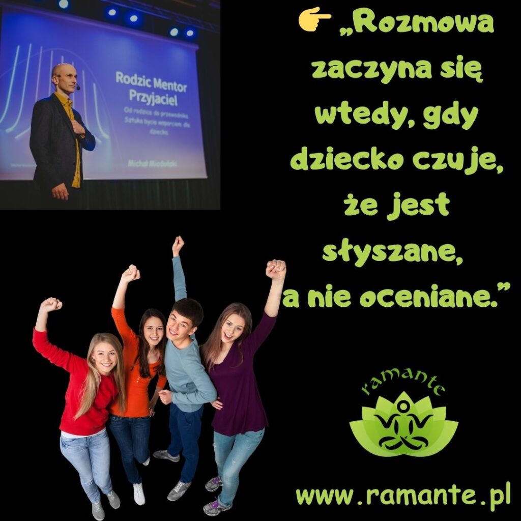 Coach Michał Miodoński. Nastolatek i rodzic siedzący obok siebie, rodzic słucha uważnie dziecka.