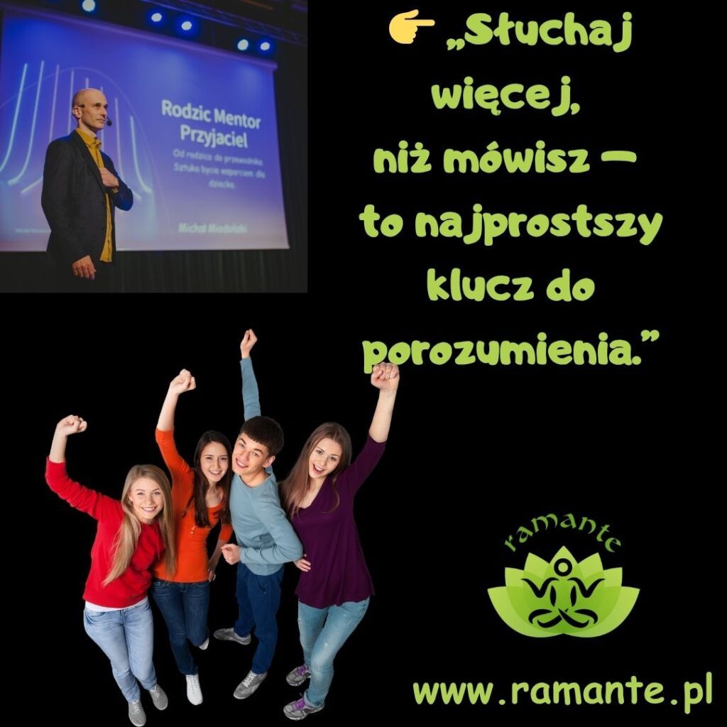 Coach Michał Miodoński. Dorastające dziecko wyrażające emocje, rodzic okazuje wsparcie i zrozumienie.